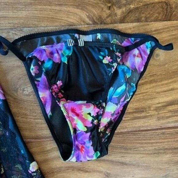 Victoria’s Secret Black & Purple Floral Lace Trim Babydoll Cami Chemise Slip Dre - Picture 5 of 8